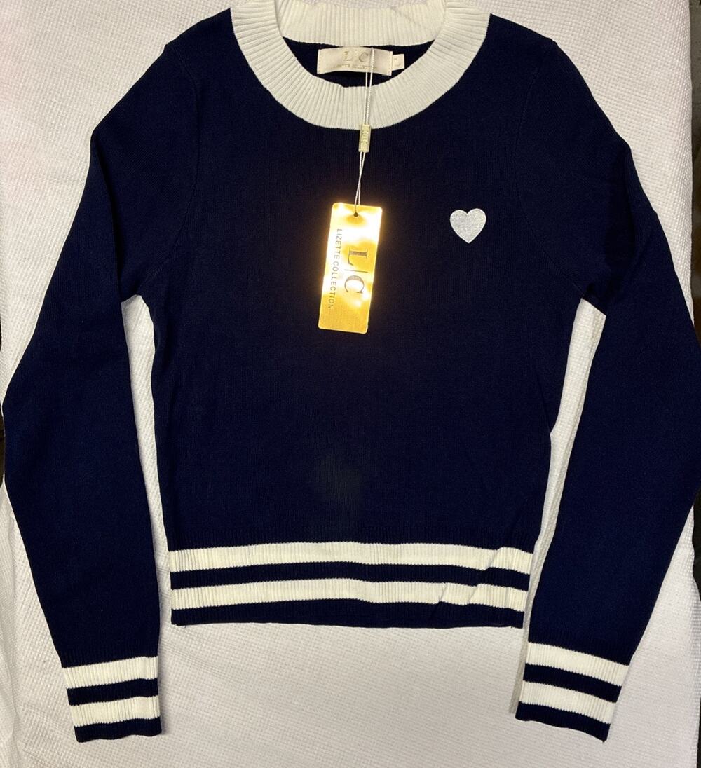 Lizette Collection Kids Navy Blue White Heart Knit Sweater Size L NWT